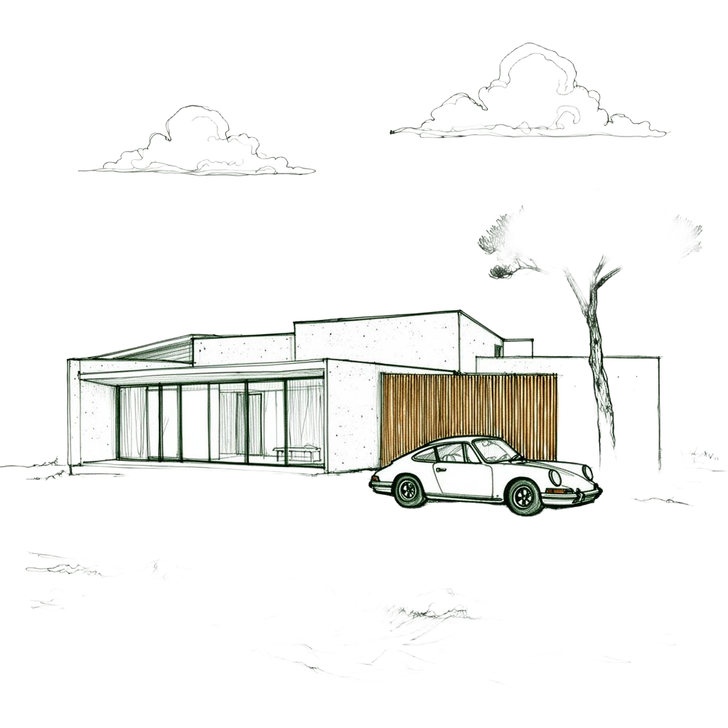 Hand-drawn illustration of an Portugal house with a vintage Porsche