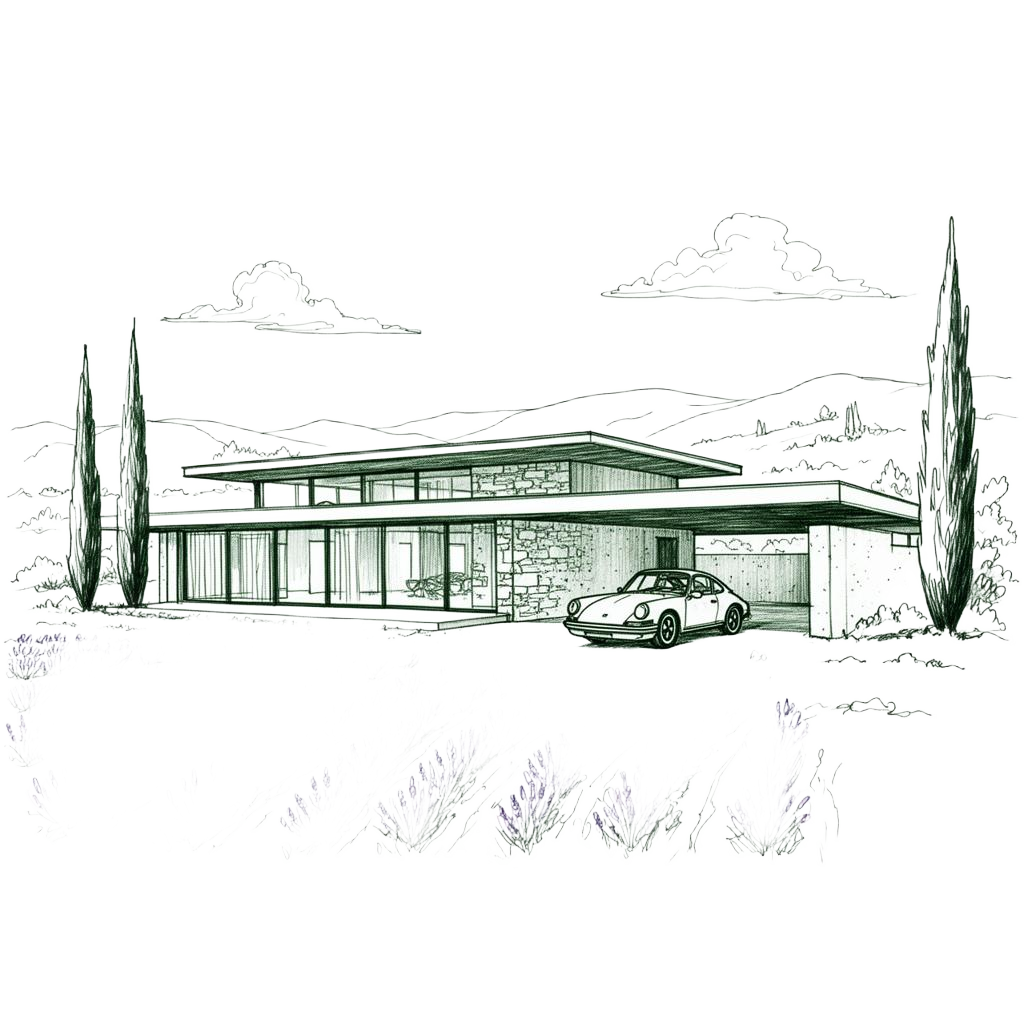 Hand-drawn illustration of an France house with a vintage Porsche