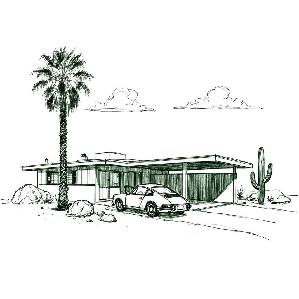 Hand-drawn illustration of an California house with a vintage Porsche